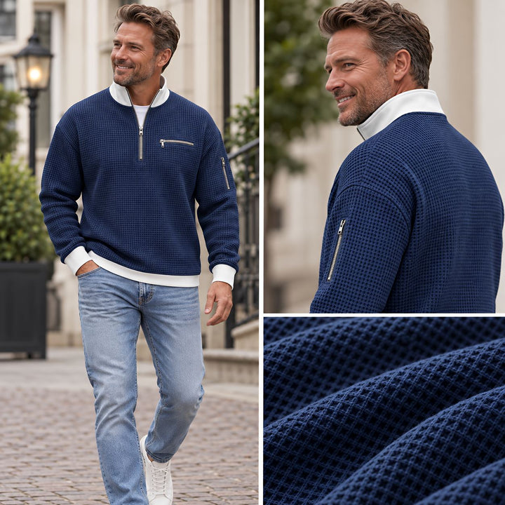 Men's waffle-knit jumper with 1/4 zip at the collar
