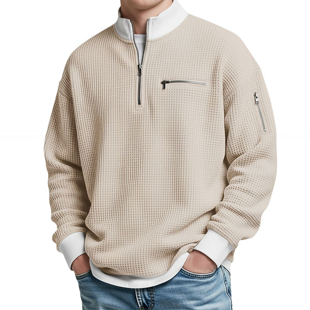 Men's waffle-knit jumper with 1/4 zip at the collar