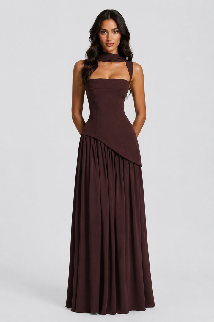 Sculpturally Draped Satin-Look Maxi Dress