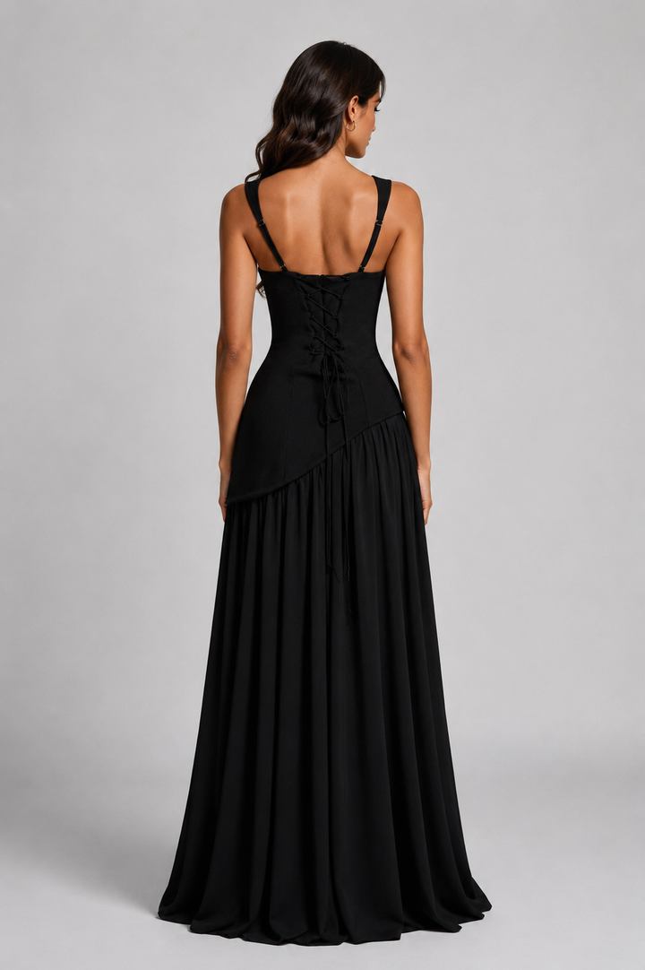 Sculpturally Draped Satin-Look Maxi Dress
