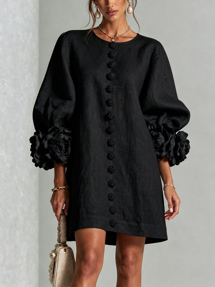 Women's Linen Tunic Mini Dress with Long Puff Sleeves
