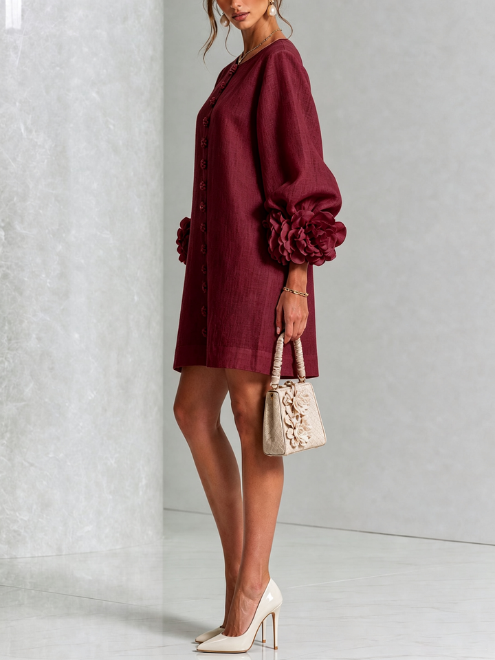 Elegant A-Line Dress with Voluminous Sleeves and Floral Buttons