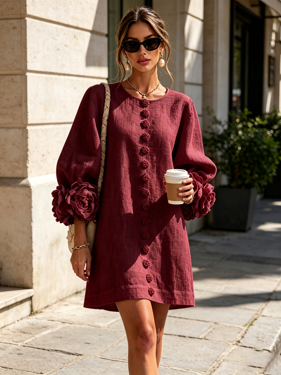 Elegant A-Line Dress with Voluminous Sleeves and Floral Buttons