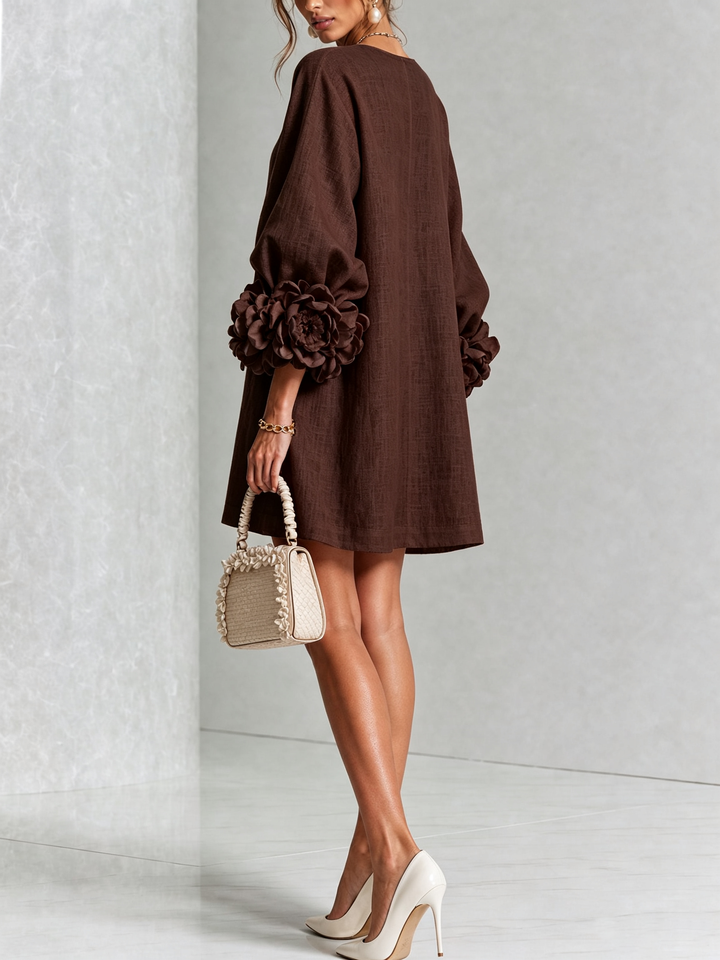 Elegant A-Line Dress with Voluminous Sleeves and Floral Buttons