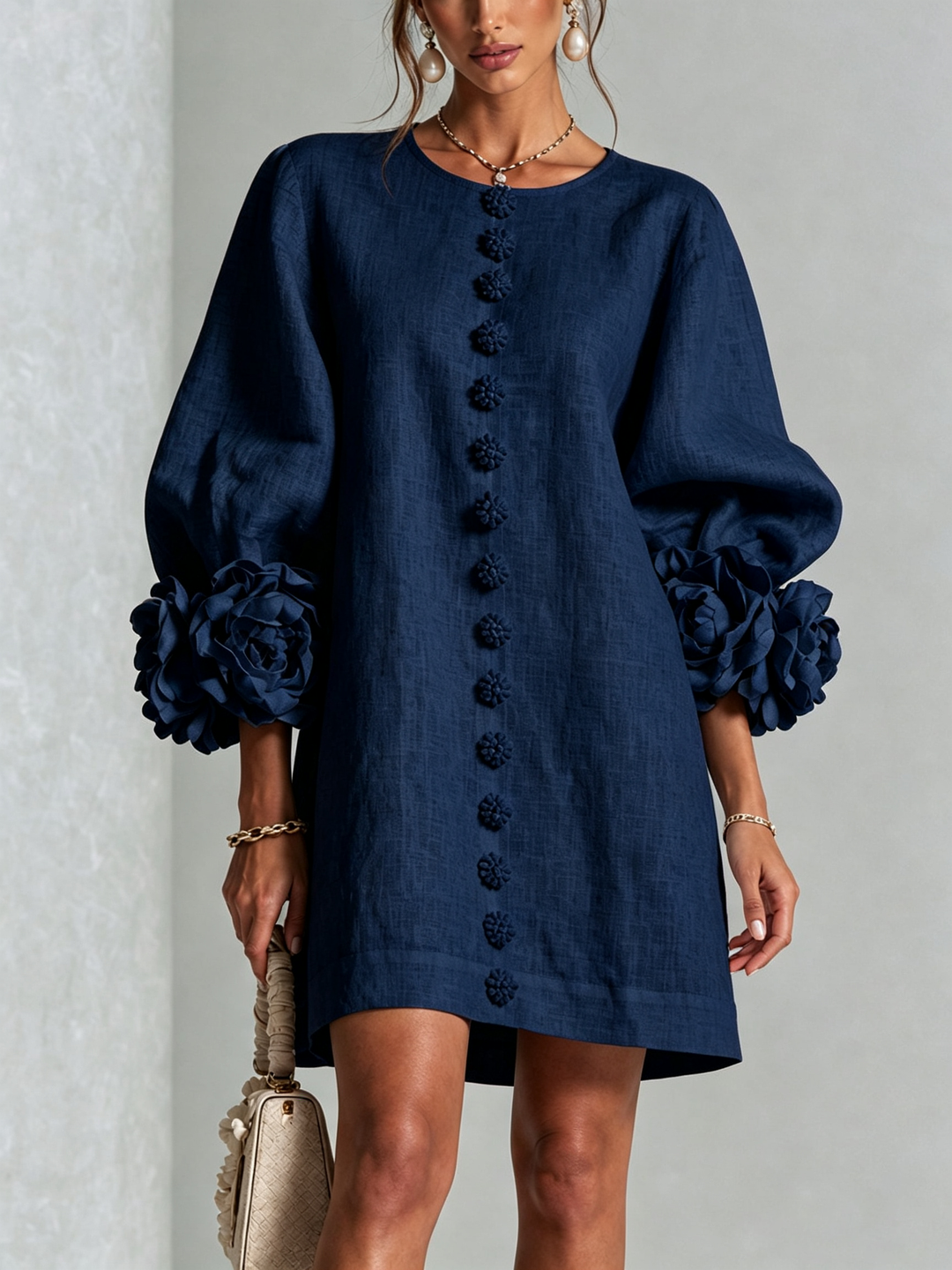 Elegant A-Line Dress with Voluminous Sleeves and Floral Buttons
