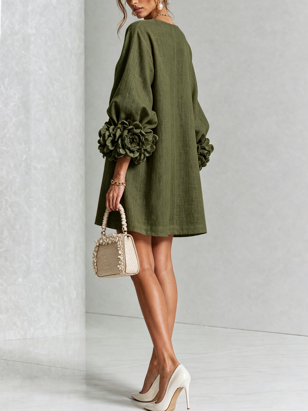 Elegant A-Line Dress with Voluminous Sleeves and Floral Buttons
