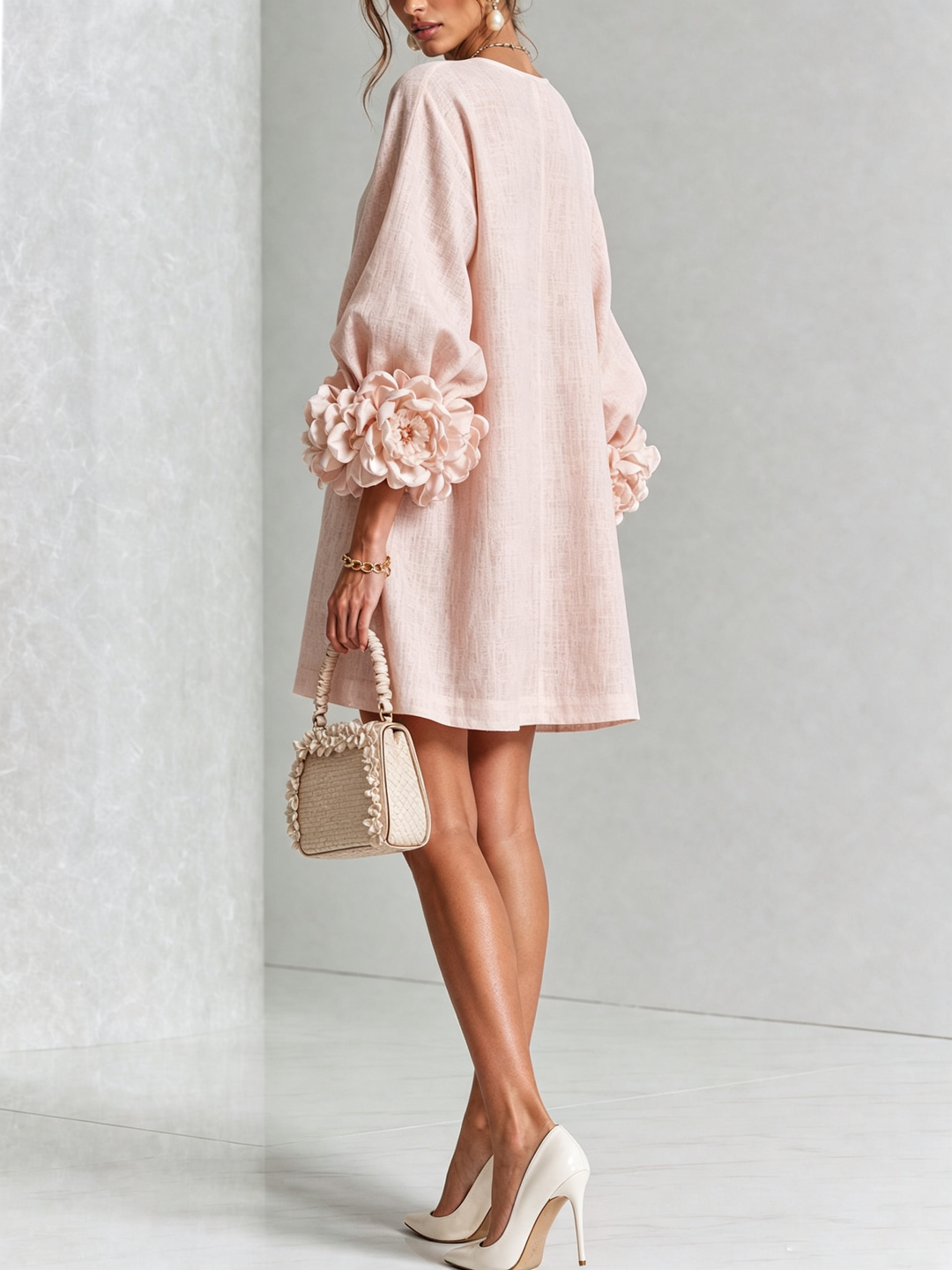 Women's Linen Tunic Mini Dress with Long Puff Sleeves