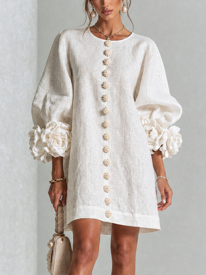 Women's Linen Tunic Mini Dress with Long Puff Sleeves