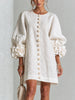 Women's Linen Tunic Mini Dress with Long Puff Sleeves