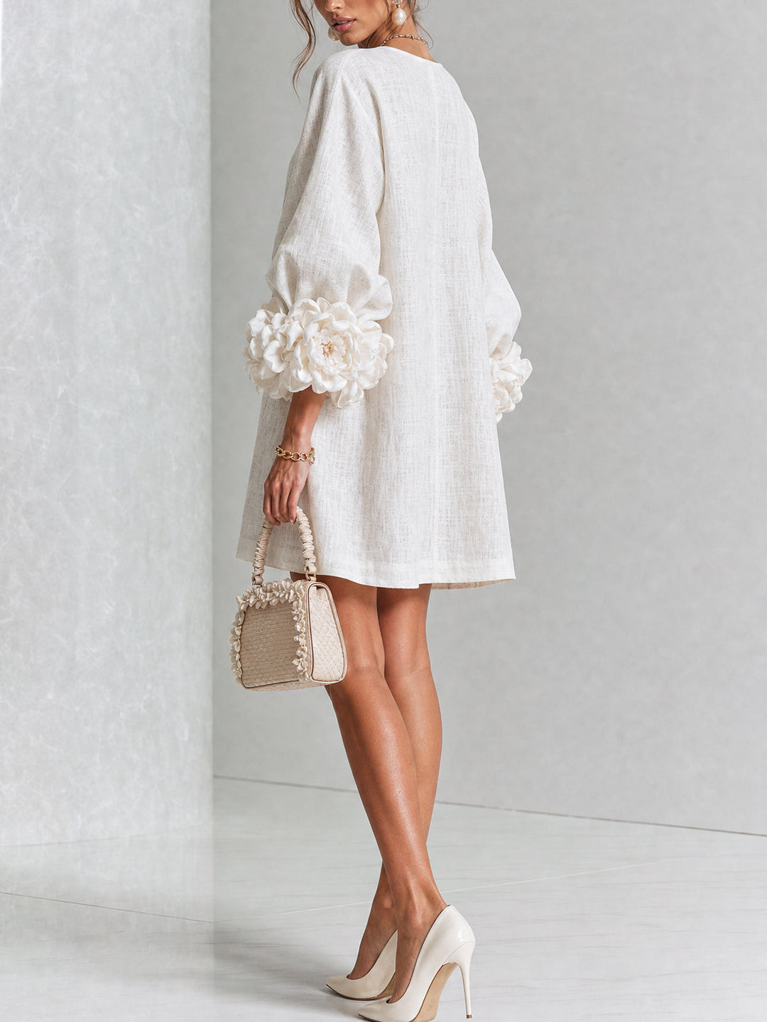 Women's Linen Tunic Mini Dress with Long Puff Sleeves