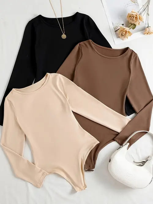 3-Pack Casual Long Sleeve Bodysuits for Women
