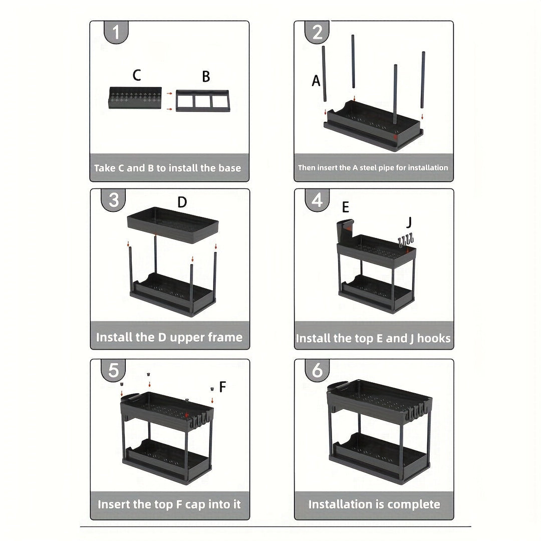 2-Tier Organiser with Hooks and Cup – Smart, Stable Storage System for Under the Sink or Worktop