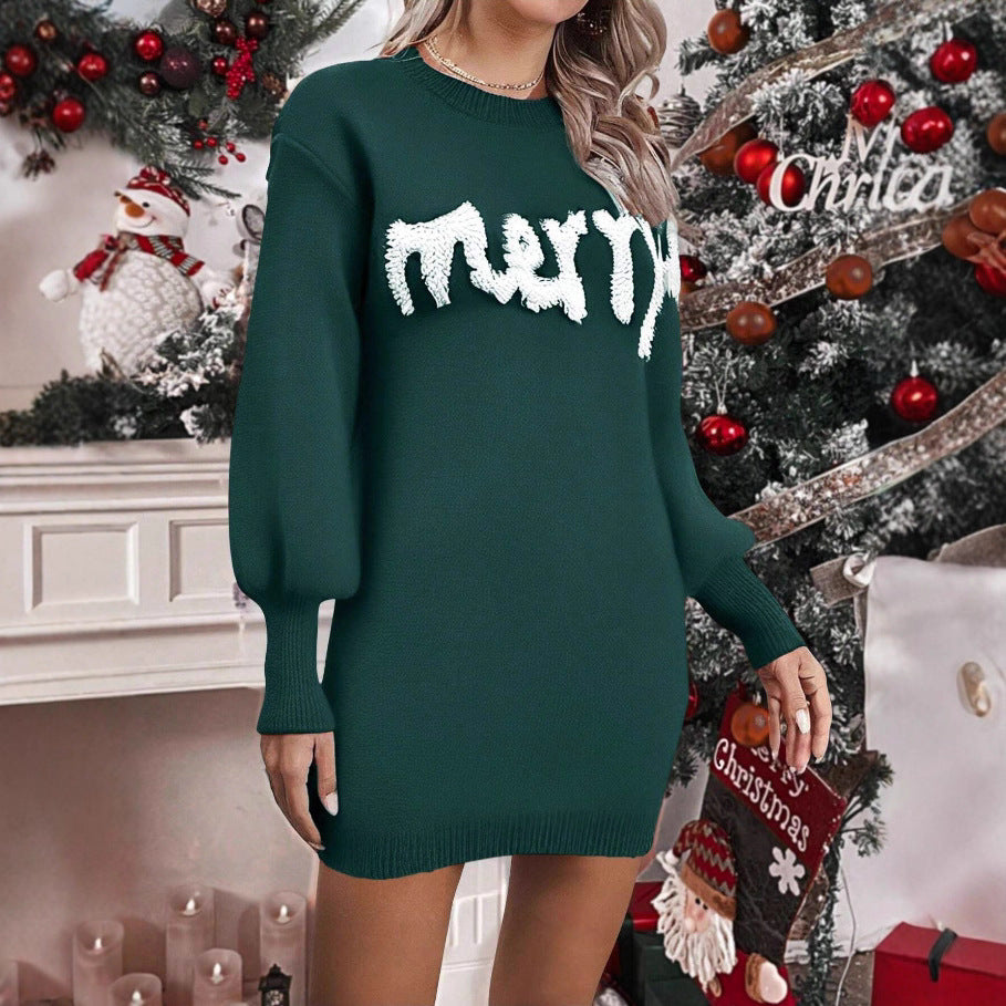 Women's knitted jumper dress with puff sleeves, short and fitted