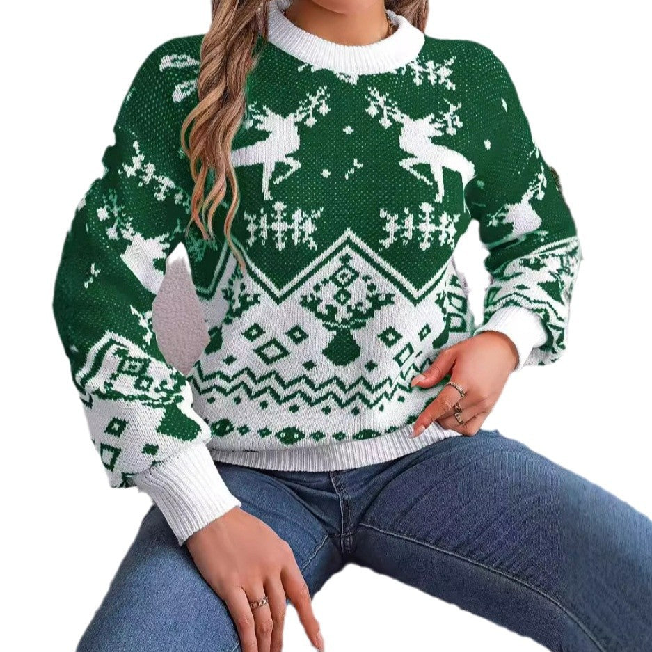 Women's Christmas jumper with reindeer and puff sleeves – red or green