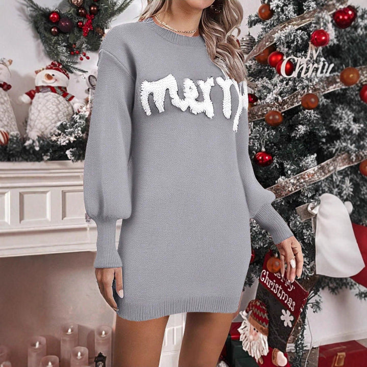 Women's knitted jumper dress with puff sleeves, short and fitted