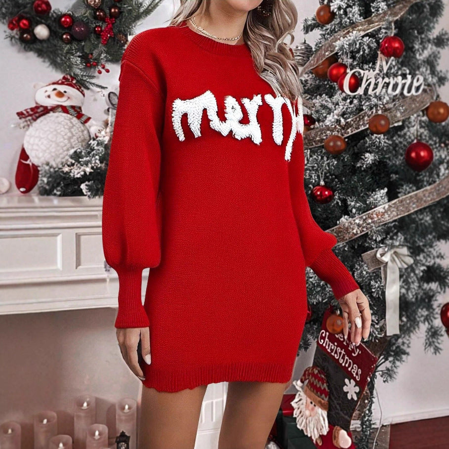 Women's knitted jumper dress with puff sleeves, short and fitted