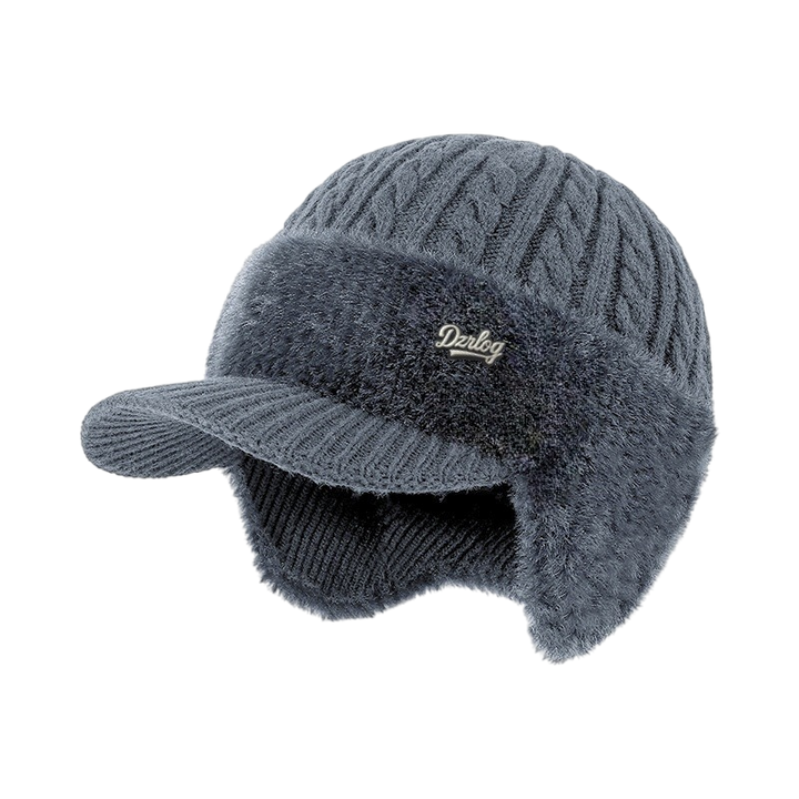 Beanie with Ear Flaps, Winter Visor, Cable Knit and Faux Fur Fleece Lining