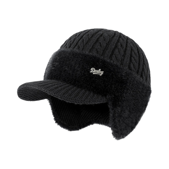 Beanie with Ear Flaps, Winter Visor, Cable Knit and Faux Fur Fleece Lining