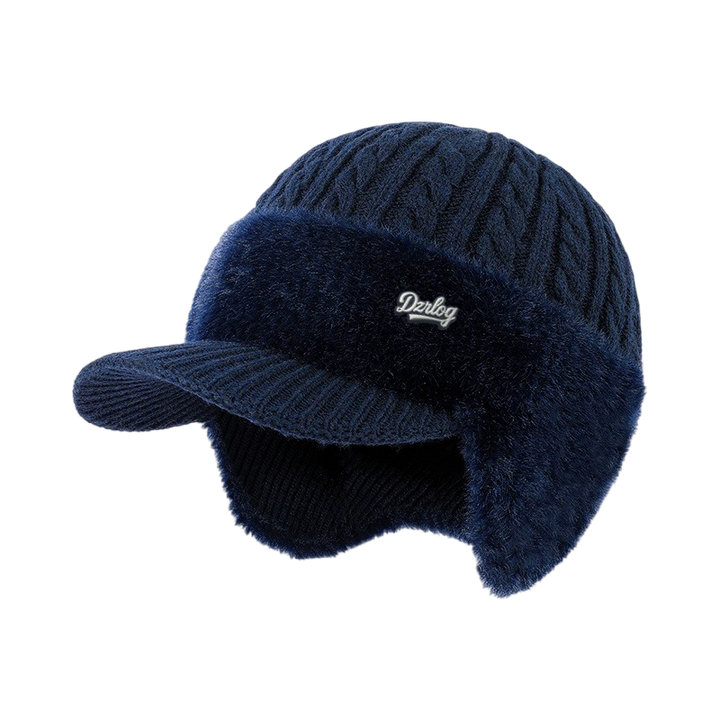 Beanie with Ear Flaps, Winter Visor, Cable Knit and Faux Fur Fleece Lining