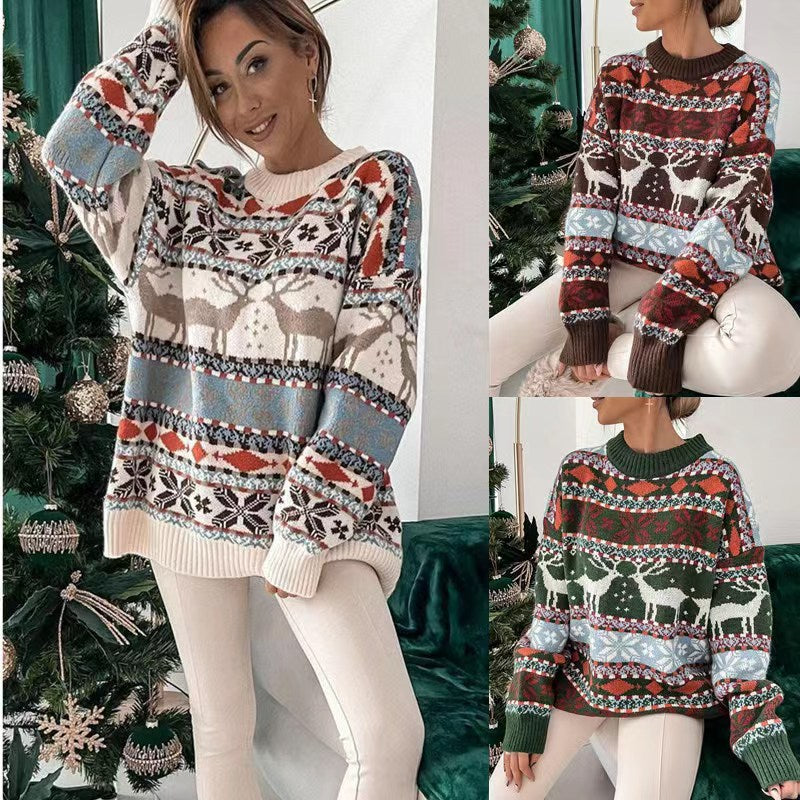 Women's Christmas jumper with jacquard pattern and round neck, relaxed fit