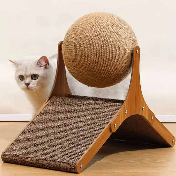 Cat Scratching Post Ball with Cardboard Ramp and Sisal Rotating Toy With Base