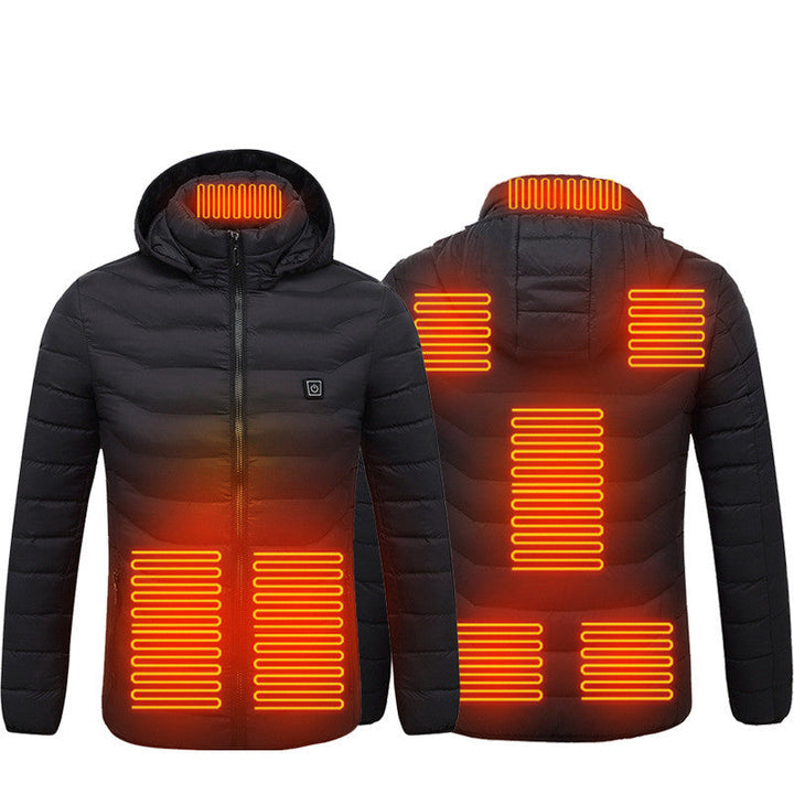Lightweight heated men's jacket with hood and 8 heat zones