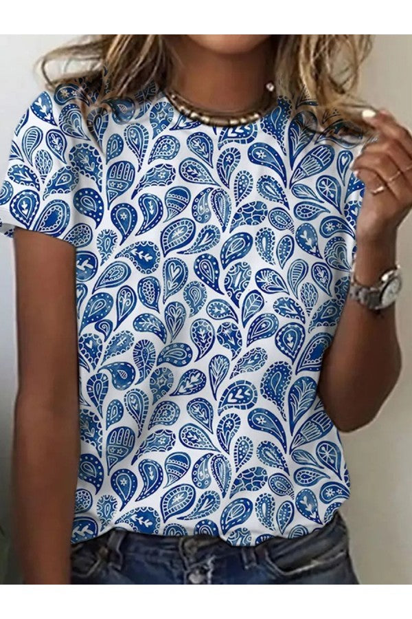 Women's Blue Print T-Shirt Round Neck & Short Sleeves