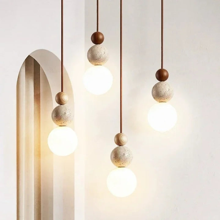 Ceiling Hanging Globe Pendant Light with Frosted Glass and Travertine Spheres
