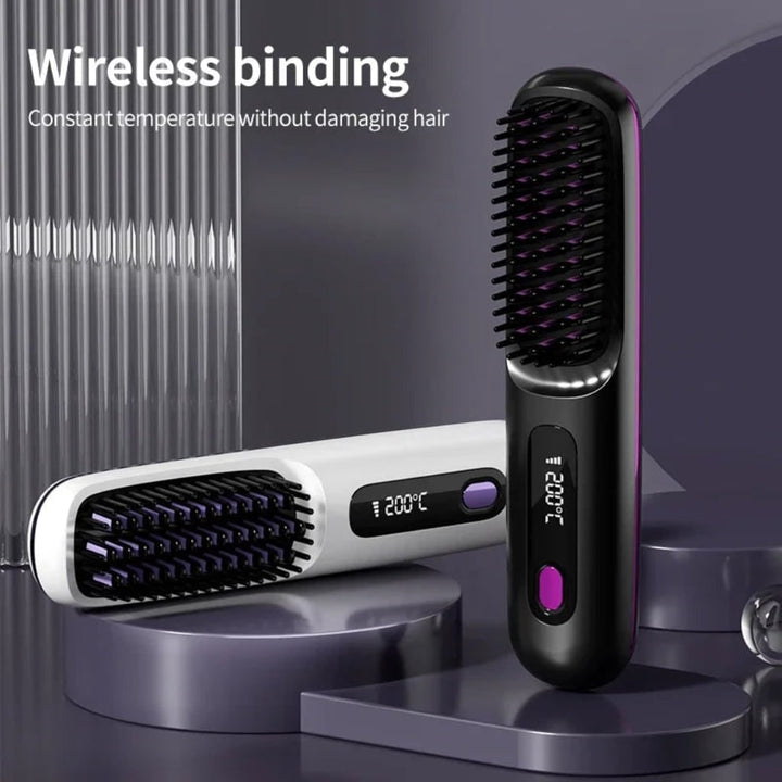 Cordless Rechargeable Hair Straightener Brush with Digital Display and USB Charging