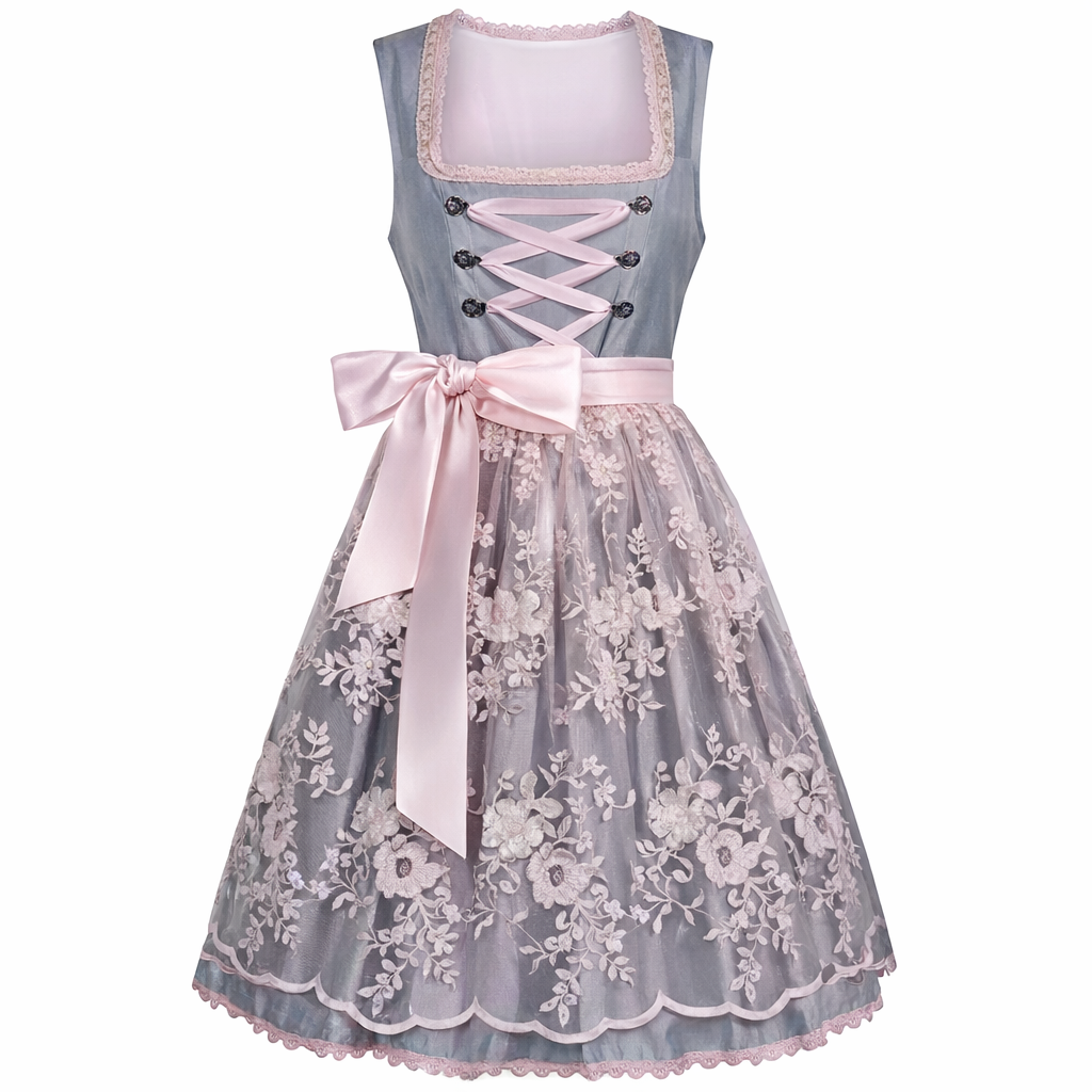 Women's Dirndl Dress with Stand Collar, Front Lacing and Lace Trim.