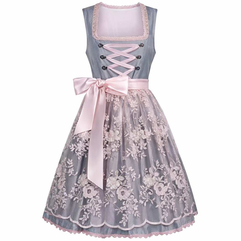 Women's Dirndl Dress with Stand-Up Collar, Front Lace-Up and Lace Inset
