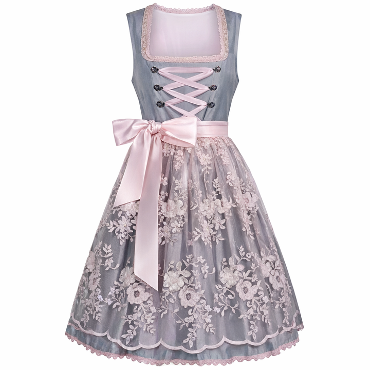 Women's Dirndl Dress with Stand-Up Collar, Front Lace-Up and Lace Inset