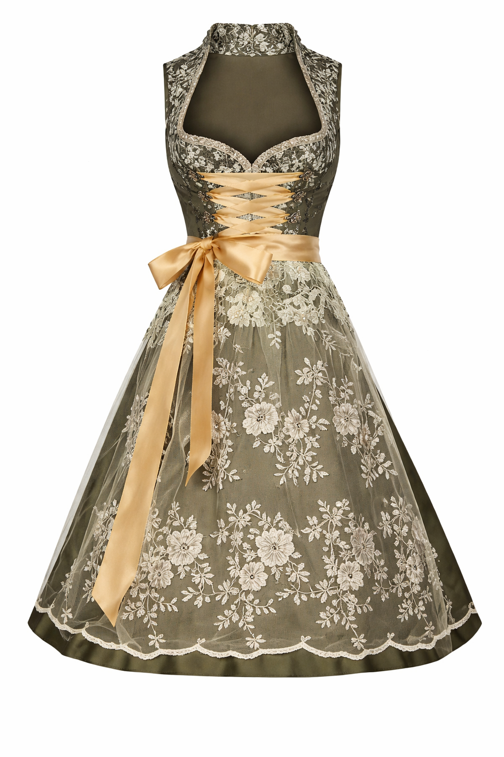 Women's Dirndl Dress with Stand-Up Collar, Front Lace-Up and Lace Inset