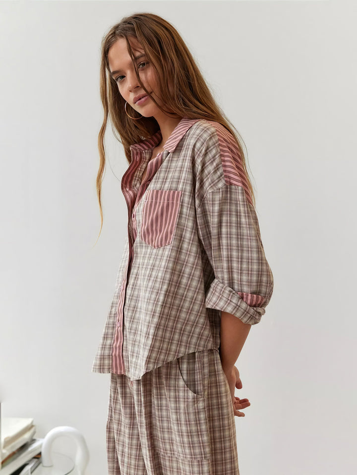 Women's pyjama set with button-up shirt and trousers with elasticated waist