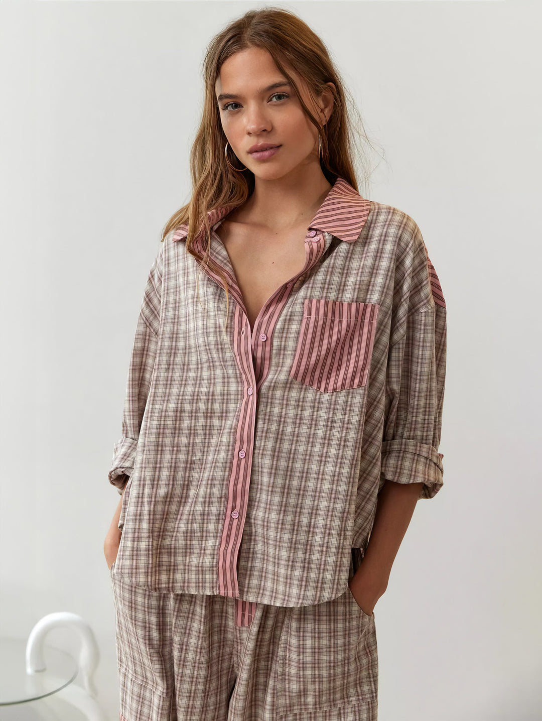 Women's pyjama set with button-up shirt and trousers with elasticated waist