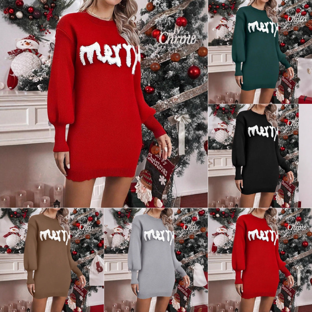 Women's knitted jumper dress with puff sleeves, short and fitted