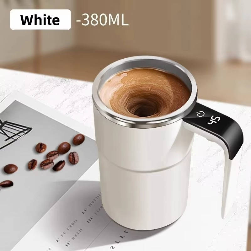Self-stirring heated travel coffee mug, USB rechargeable