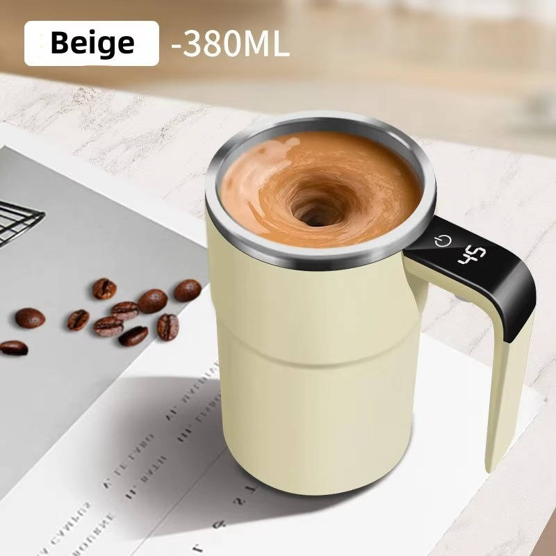 Self-stirring heated travel coffee mug, USB rechargeable