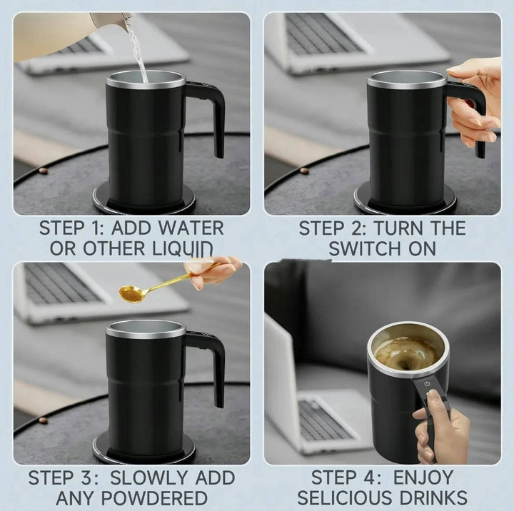 Self-stirring heated travel coffee mug, USB rechargeable