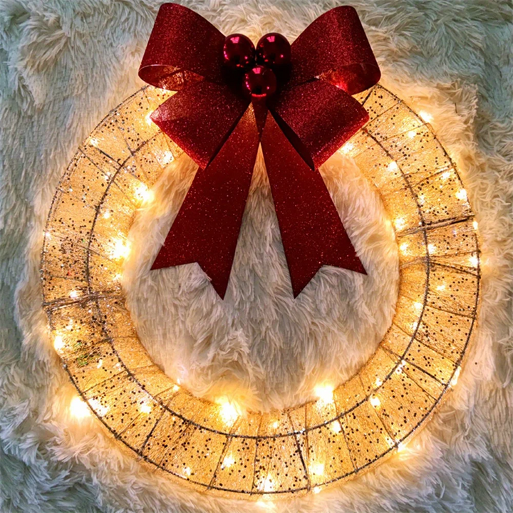 Light-up Christmas wreath with large red bow, 50 cm