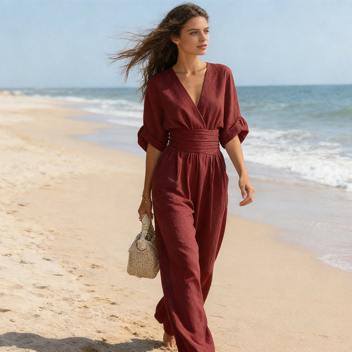 Elegant Women's Jumpsuit with V-Neck and Wide-Leg High Waist