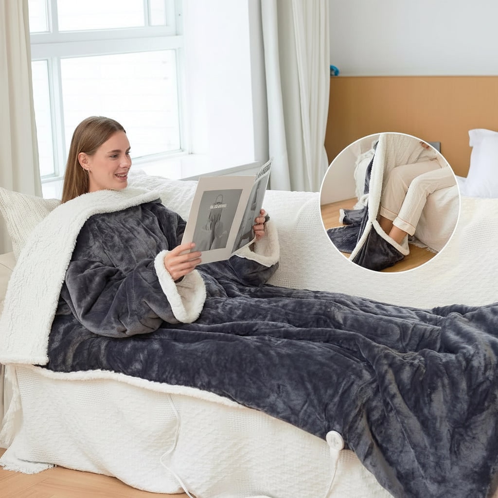 Heated wearable blanket with sleeves and foot pocket in sherpa fleece