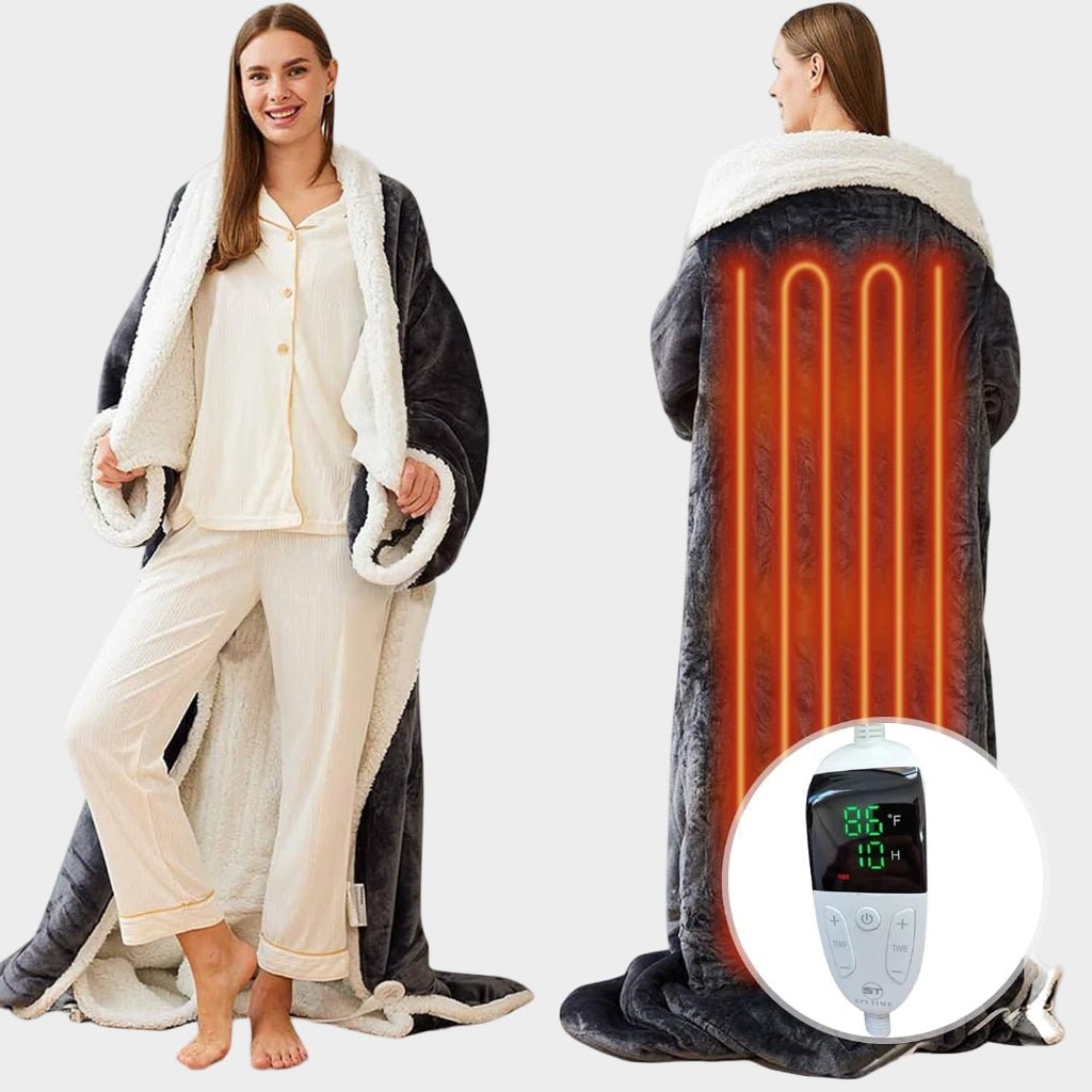 Heated wearable blanket with sleeves and foot pocket in sherpa fleece