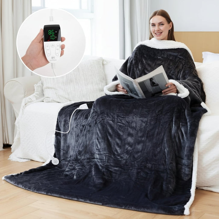 Heated wearable blanket with sleeves and foot pocket in sherpa fleece