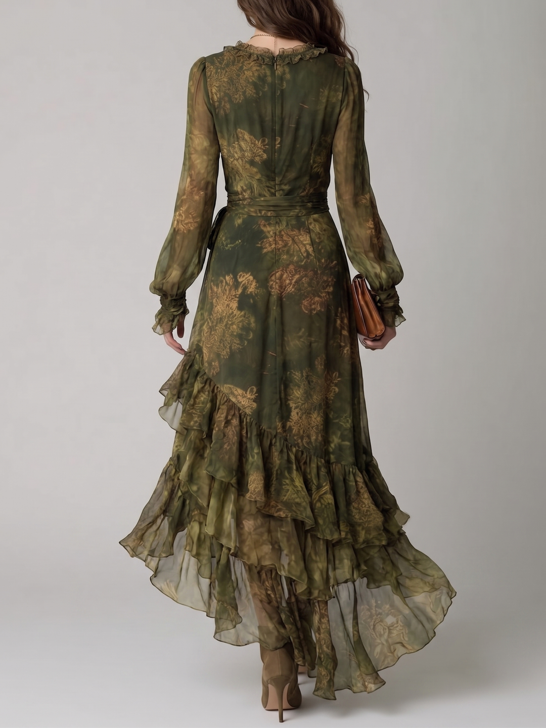 Women's Green Floral Wrap Maxi Dress with V-Neck, Long Sleeves and Ruffle Tiers