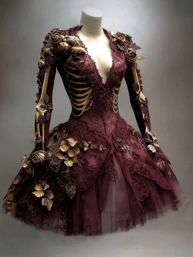 Women's Gothic Skeleton Mini Dress with Long Sleeves for Halloween