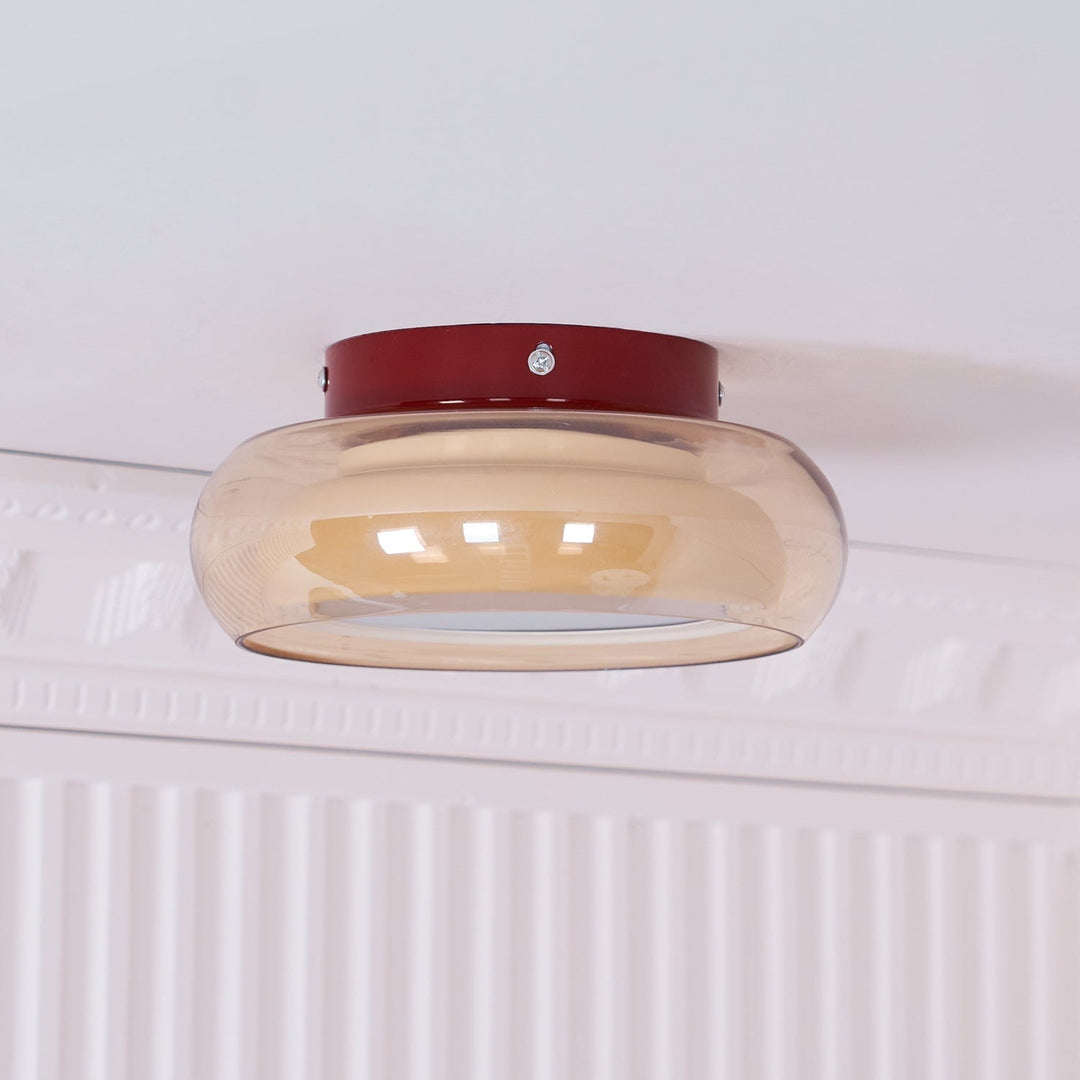 Flush Mount Ceiling Light Fixture with Amber Glass Shade and Integrated LED Vintage