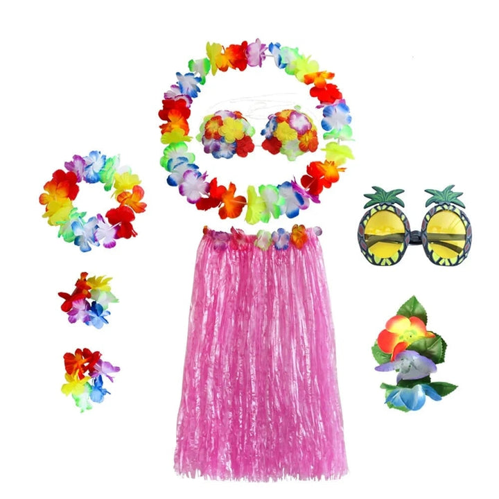 Halloween Two Piece Skirt and Top Matching Set Hawaiian Hula Costume with Grass Flower Lei