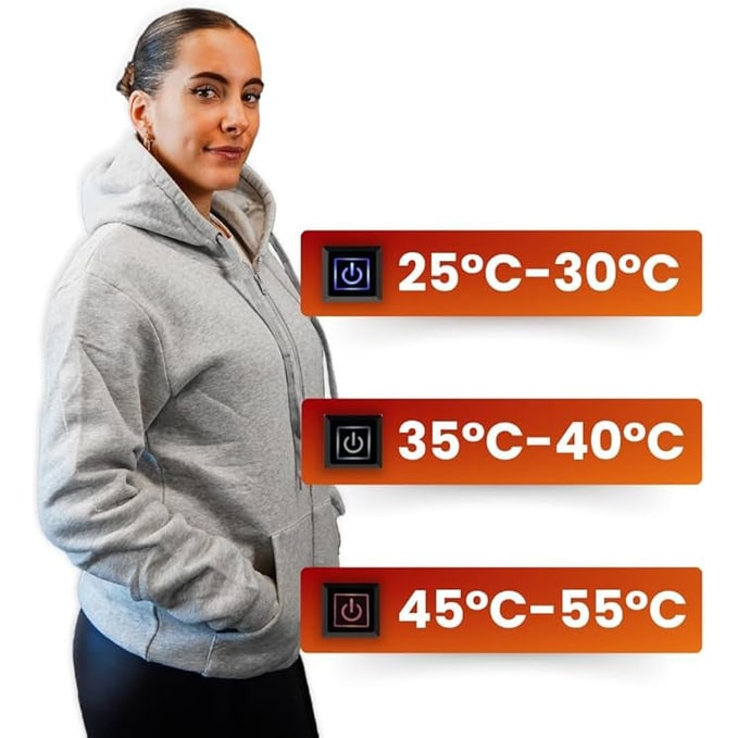 Heated hoodie with zip, hood and USB heat zones