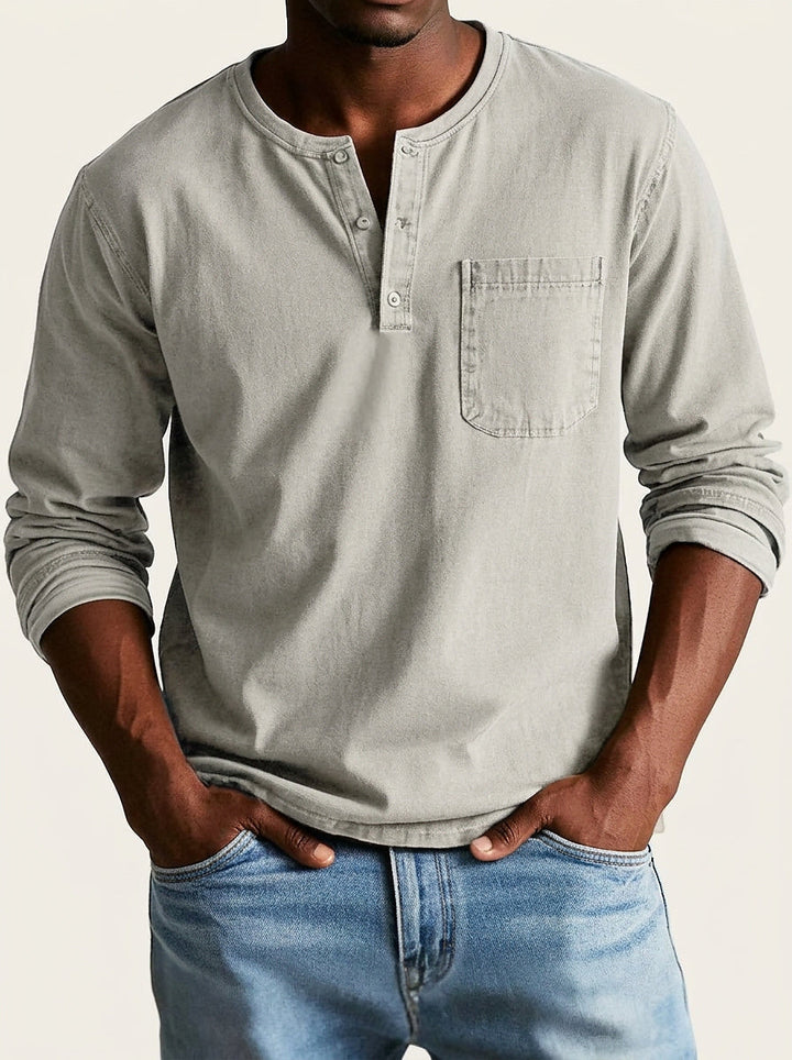 Men's Long-Sleeve Henley Shirt with Button Placket and Chest Pocket